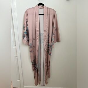 Kim + Ono Fura Long Kimono Robe Duster Silk Pink Flowers Sepia Rose
